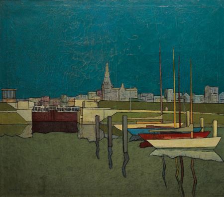 Moored yachts in front of buildings
