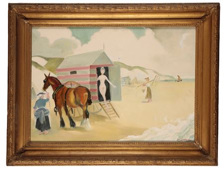 A NUDE FEMALE EXITING A BATHING MACHINE ON A BEACH
