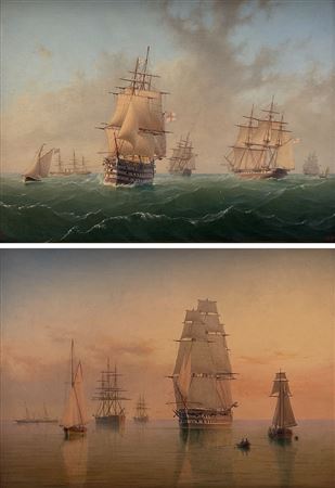 British Men o' War other Sail and Steam Vessels in Turbulent Waters & Shipping Becalmed at Sunset, pair