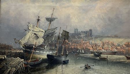 Whitby Harbour with Sailing Boats and Steam Ship at Low Tide