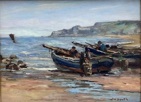Cobles on the Beach at Runswick Bay by James William Booth - Auction record, sale price, and art valuation. Compare with similar artists and explore comparable artworks.