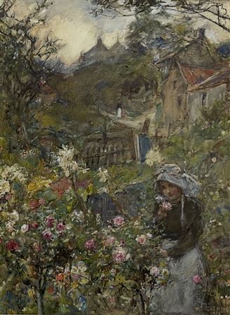 Girl Picking Roses in a Garden at Runswick Bay by Rowland Henry Hill - Auction record, sale price, and art valuation. Compare with similar artists and explore comparable artworks.