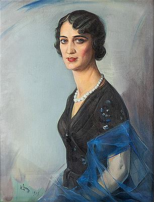 Woman with a string of beads and a blue stole