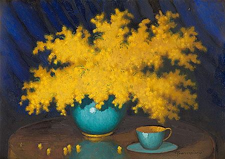 Gold mimosa and blue porcelain