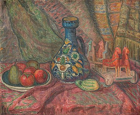 Still life with painted jug and wooden horses