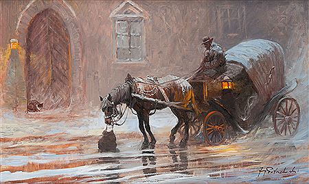 Horse-drawn carriage at dusk