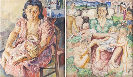 Maternity in an interior (recto) / Maternity against a village landscpae (verso), lata 40. XX w. by Mela Muter - Auction record, sale price, and art valuation. Compare with similar artists and explore comparable artworks.
