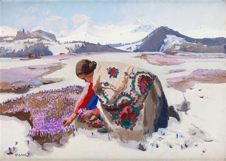 Girl picking up the crocuses