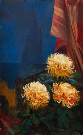 Chrysanthemums with the tower of Mariacki Church in the background