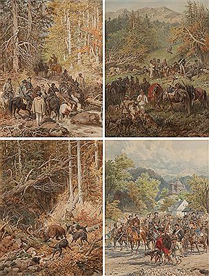 Cykl 4 akwarel „Polowanie na niedźwiedzia” („Scena z polowania na niedźwiedzie w Użoku”), 1874