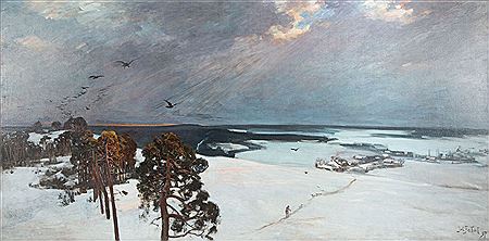Sample artwork by Julian Falat (1853 - 1929), known for portrait and landscape painting, winter scenes, watercolor specialty - View similar artists and auction records