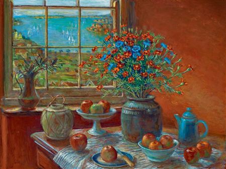 STILL LIFE WITH HARBOUR VIEW, c.1995