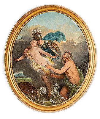 Diane protégeant la nymphe Arétuse des entreprises du fleuve Alphée La Sagesse, sous les traits de Minerve casquée, sauve Vénus des poursuites de Neptune (pair)