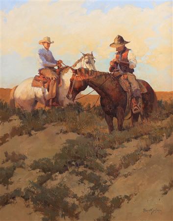 Two Cowboys In Evening Light by David R Griffin - Auction record, sale price, and art valuation. Compare with similar artists and explore comparable artworks.