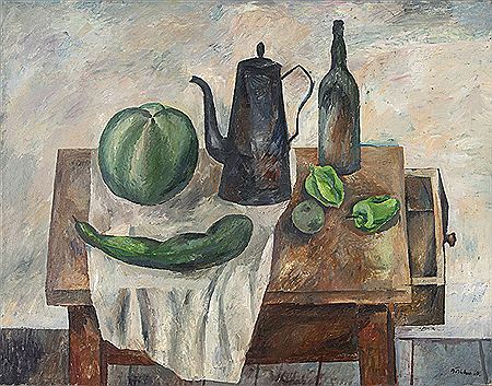 Untitled (Tischstilleben mit Kanne und grünen Früchten)
