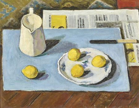 "Pot blanc, citrons, assiette et papier bleu" by Gaston Vaudou - Auction record, sale price, and art valuation. Compare with similar artists and explore comparable artworks.