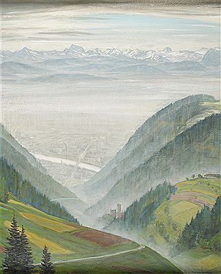 The Haselgraben with the Wildberg castle ruins with a view of Linz and the foothills of the Alps