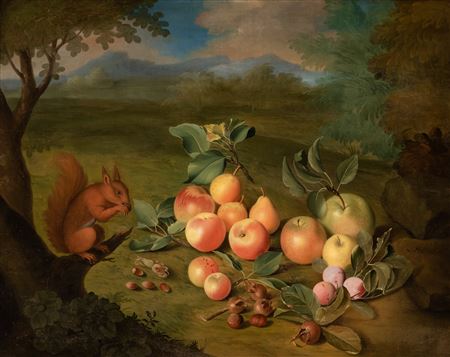 A Red Squirrel Eating Hazelnuts with a Still Life of Apples, Walnuts and Plums in a Landscape