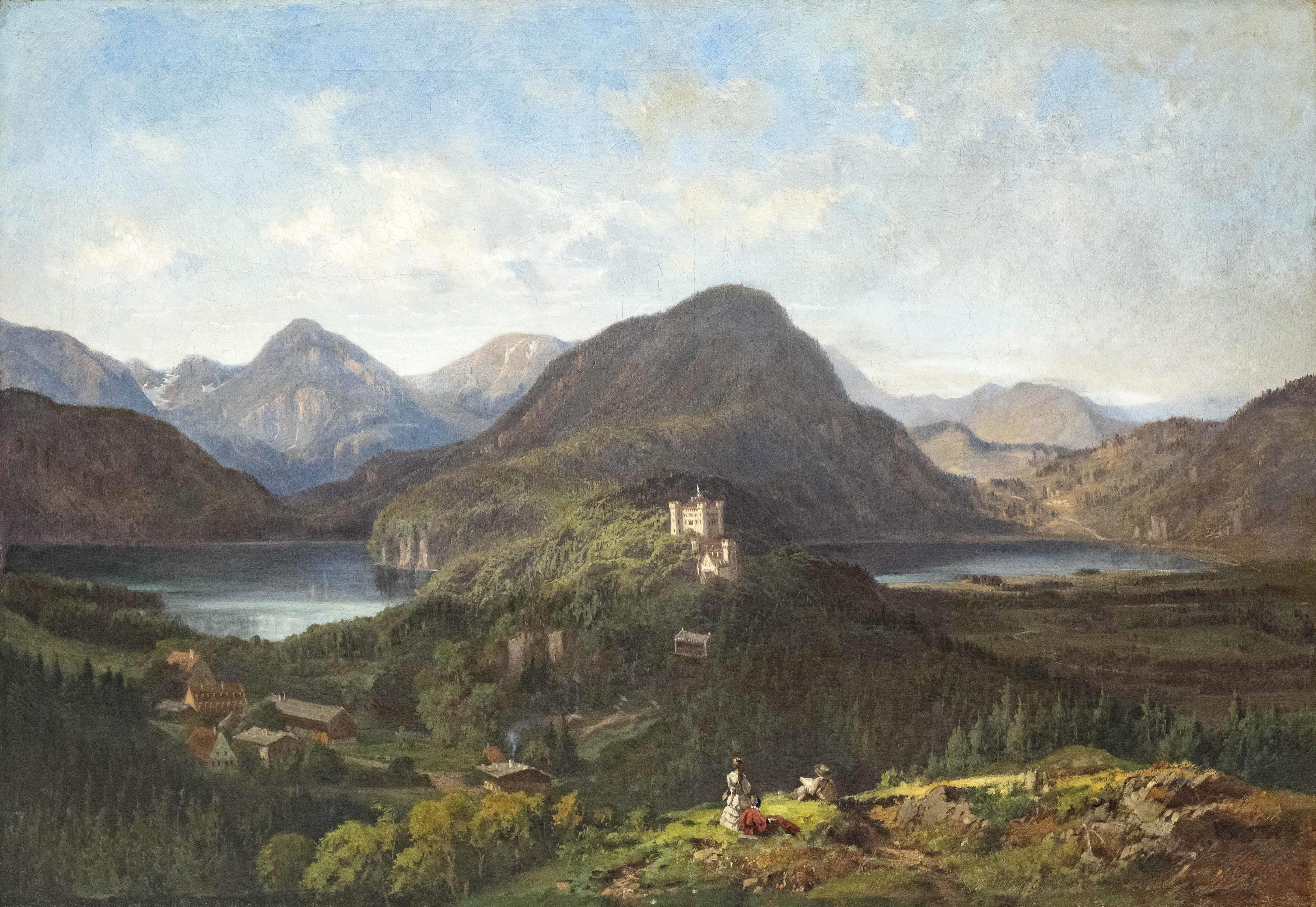 Hohenschwangau Castle between Alpsee and Schwansee with staffage by Joseph Hahn - Auction record, sale price, and art valuation. Compare with similar artists and explore comparable artworks.
