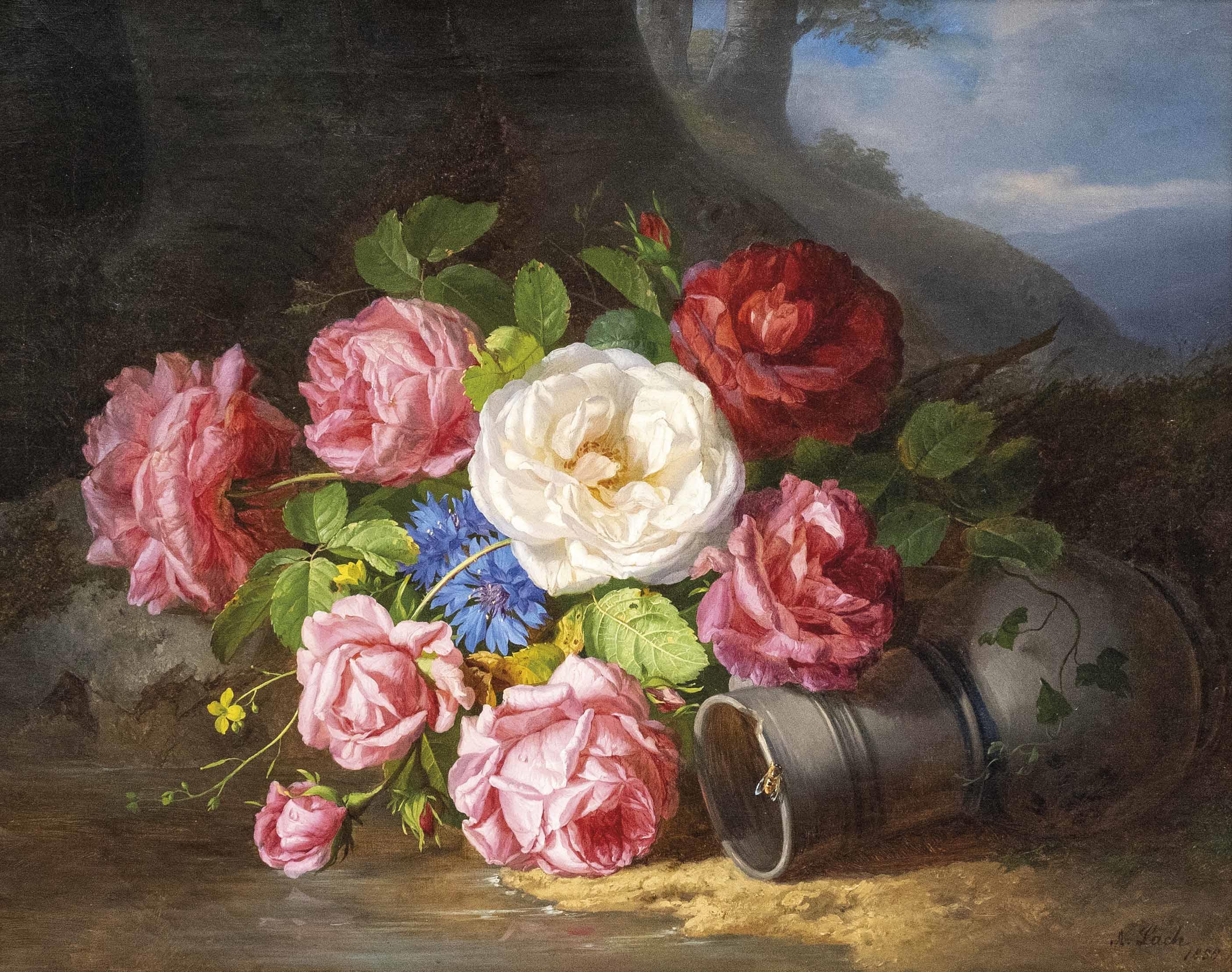 Bouquet of roses with lying ceramic vase in front of a landscape, 1855 by Andreas Lach - Auction record, sale price, and art valuation. Compare with similar artists and explore comparable artworks.