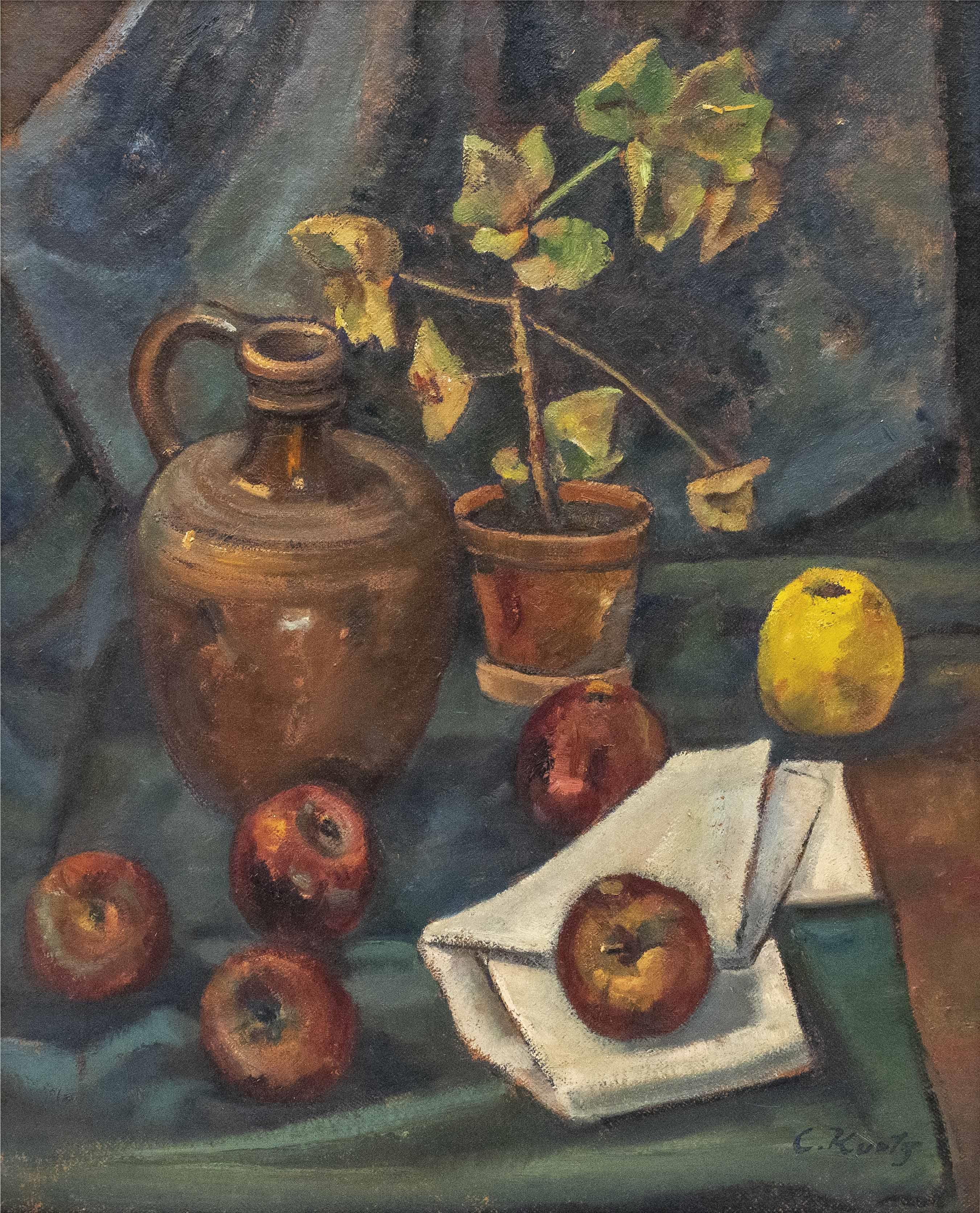 Stillleben mit Zimmerpflanze, Tonkrug und Äpfeln