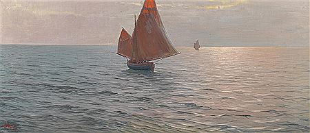 Fischer auf ruhiger See im Abendlicht