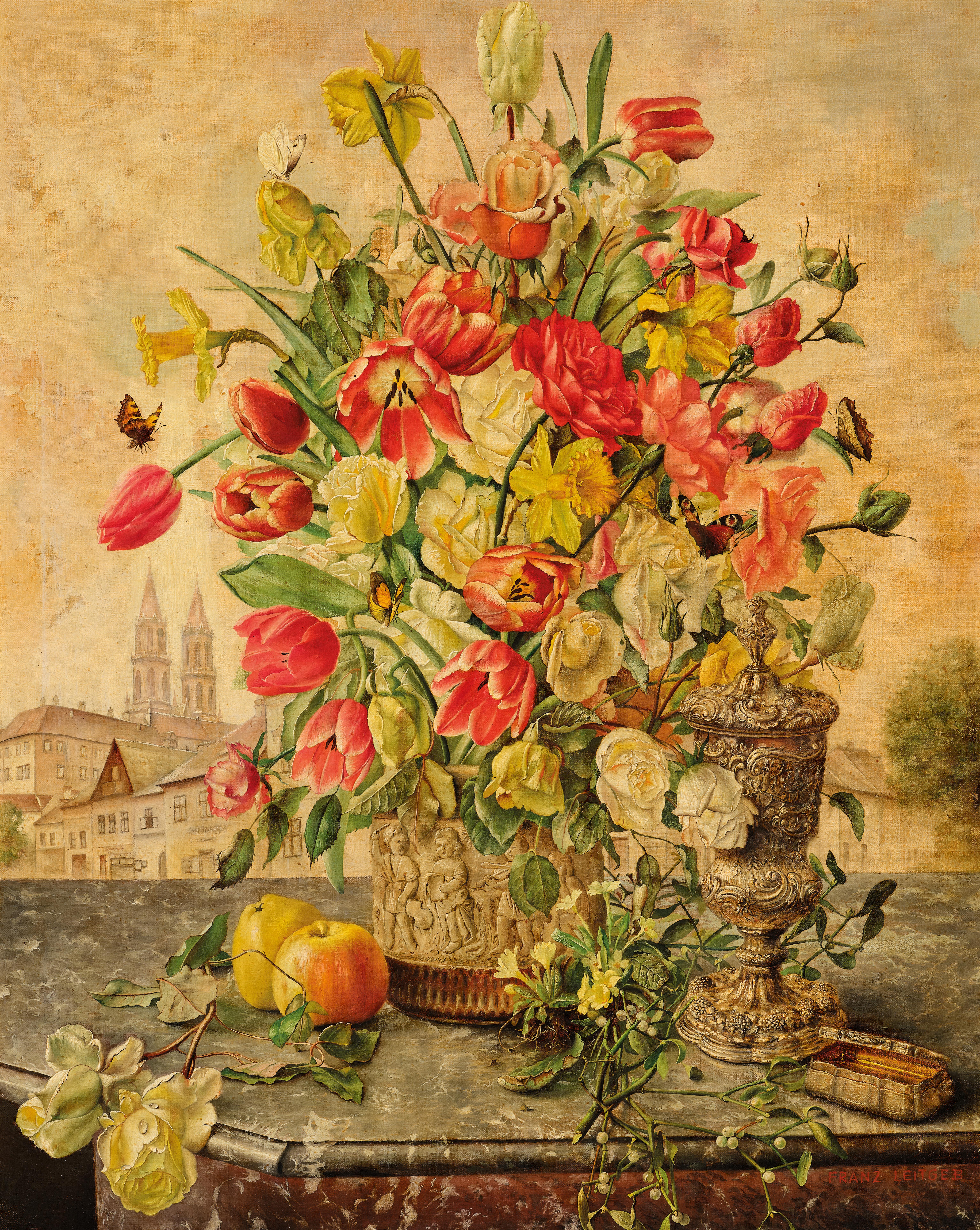 Large still life, in the background the collegiate church in Klosterneuburg