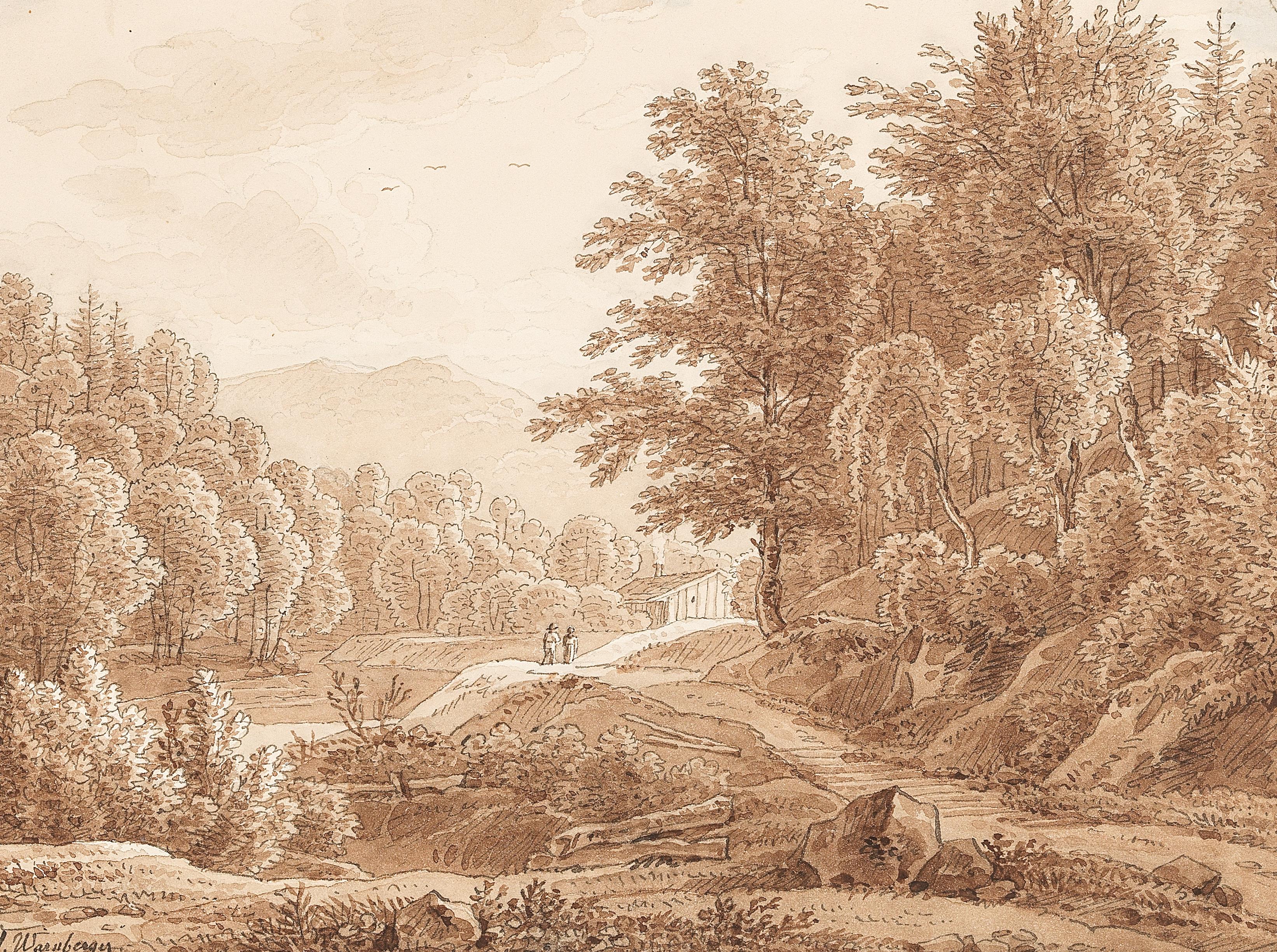 A forest landscape with two strollers and a cabin in the background