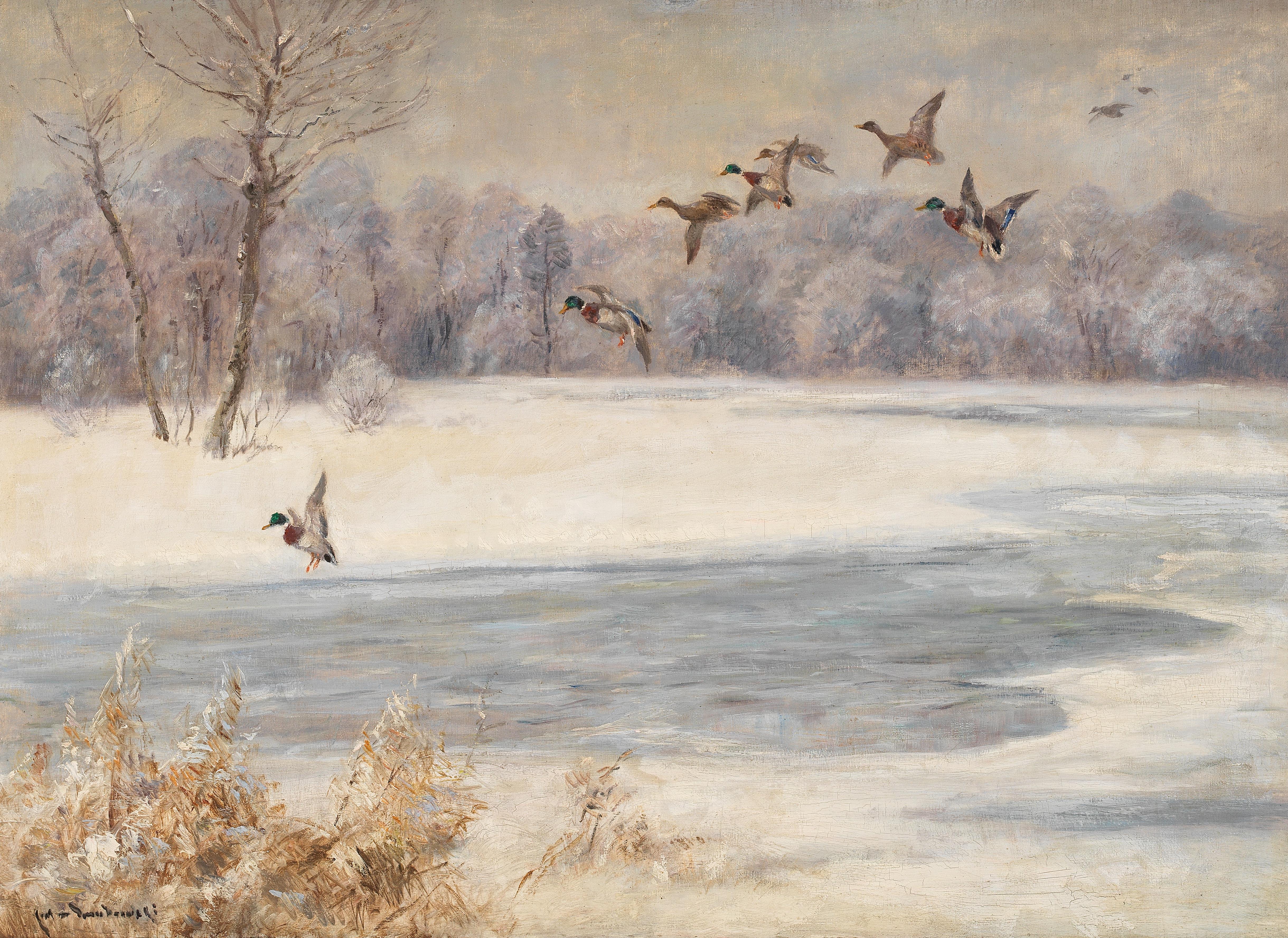 Ducks in a Snowy Pond Landscape
