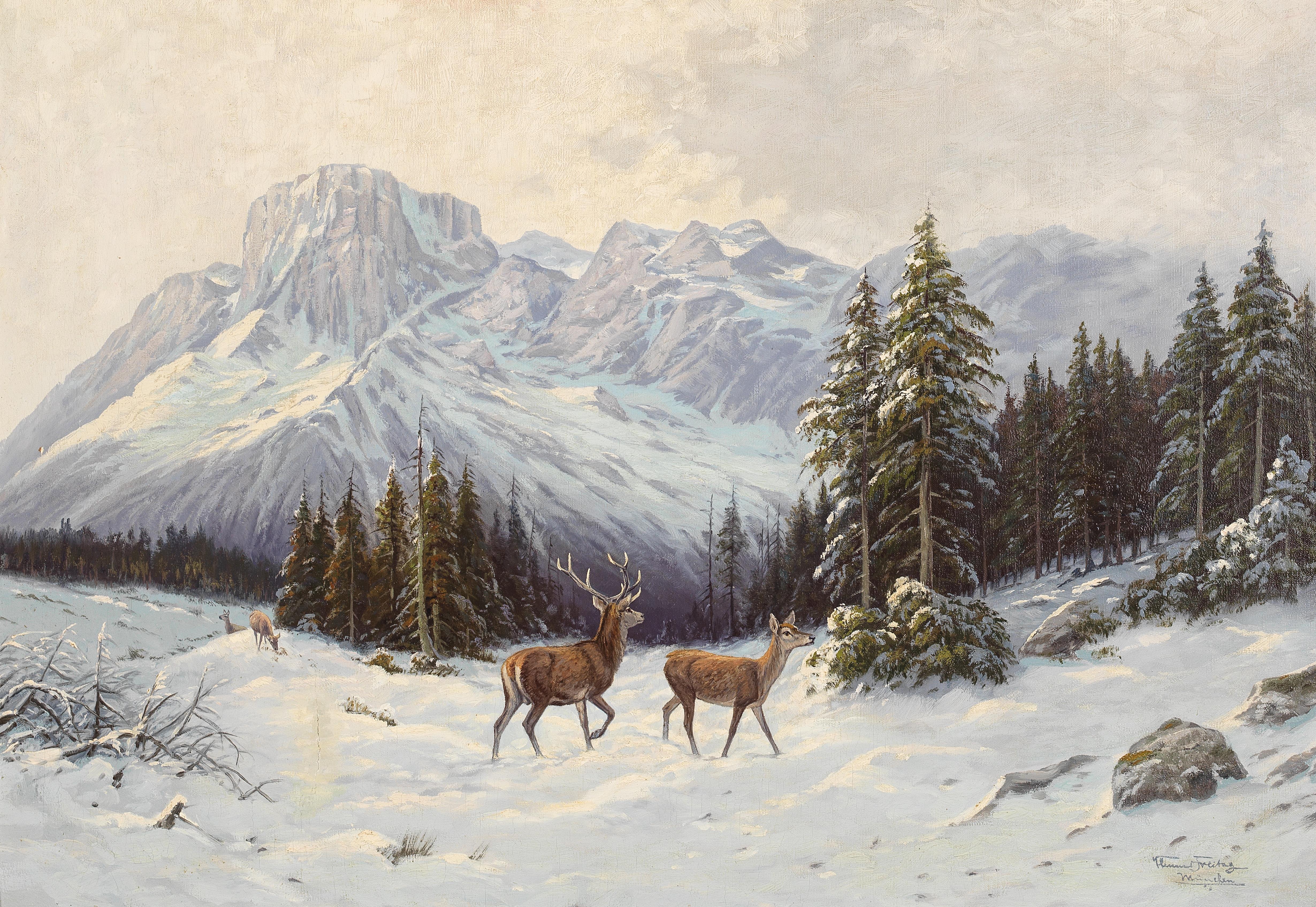 Sample artwork by Clemens Freitag (1882/83 - 1969), known for southern german mountain landscape, animal, hunting genre painting - View similar artists and auction records