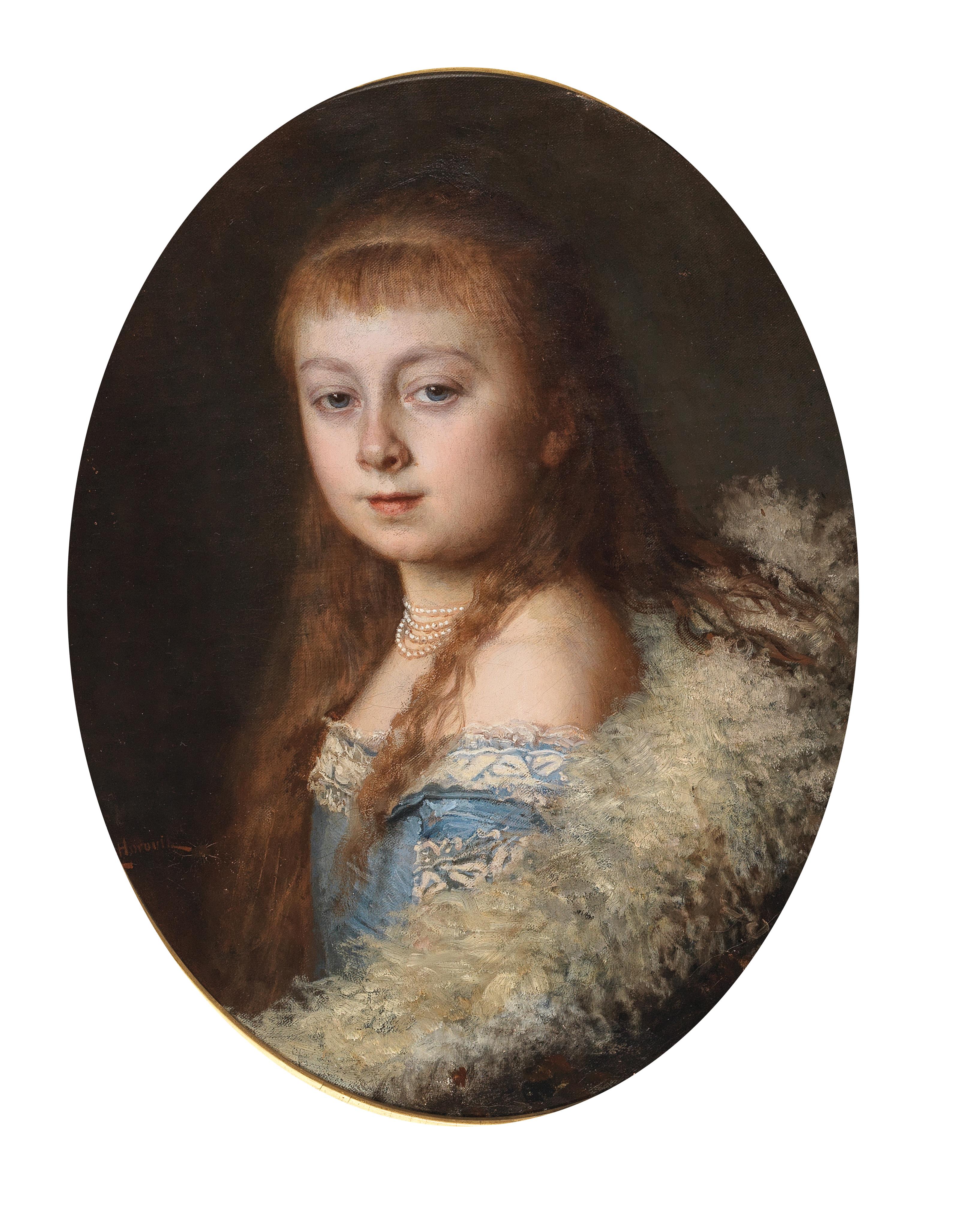 Portrait of a Girl in a Blue Dress and Pearl Necklace