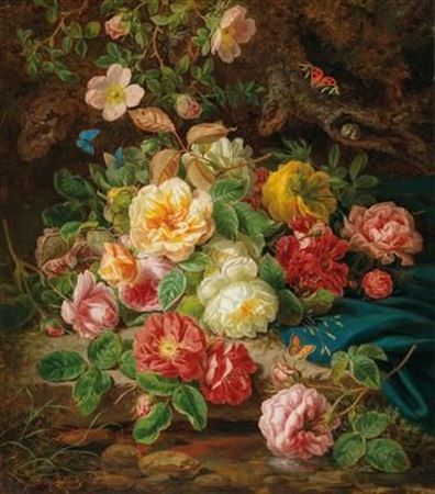 Still Life with Roses and Butterflies by a Brook in a Forest