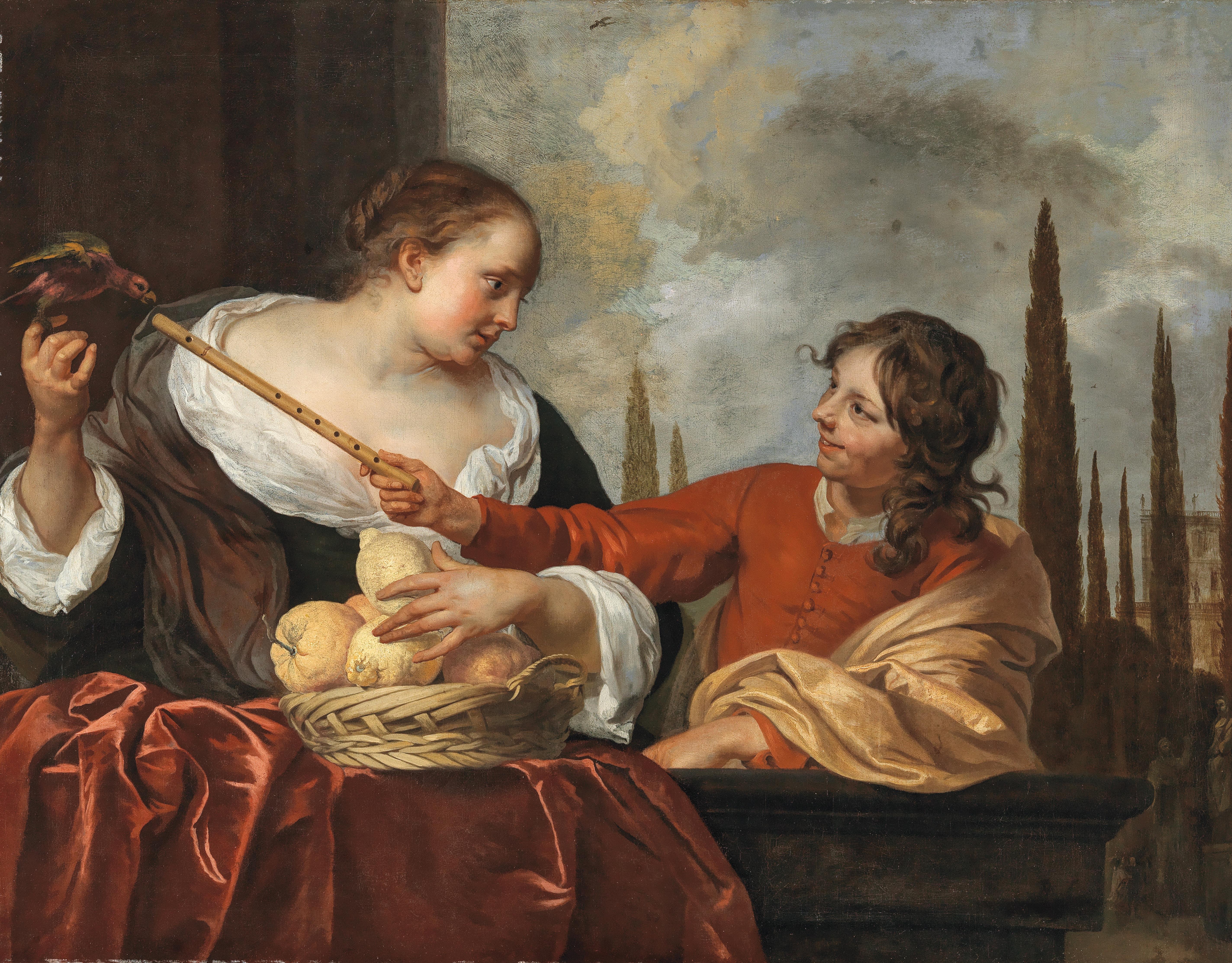 A lady with a parrot holding a basket of fruit and a young man with a flute by Jacob Loo - Auction record, sale price, and art valuation. Compare with similar artists and explore comparable artworks.