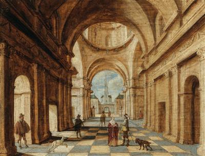 A classical interior with elegant figures