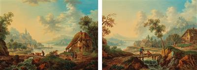 A pair of Rhenish river landscapes with countryfolk (pair)
