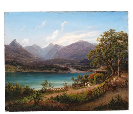 Aussicht vom Schloßgarten in St. Wolfgang gegen den Hochzinken und Zinkenbach am Wolfgangsee in Oberösterreich by Anton Schiffer - Auction record, sale price, and art valuation. Compare with similar artists and explore comparable artworks.