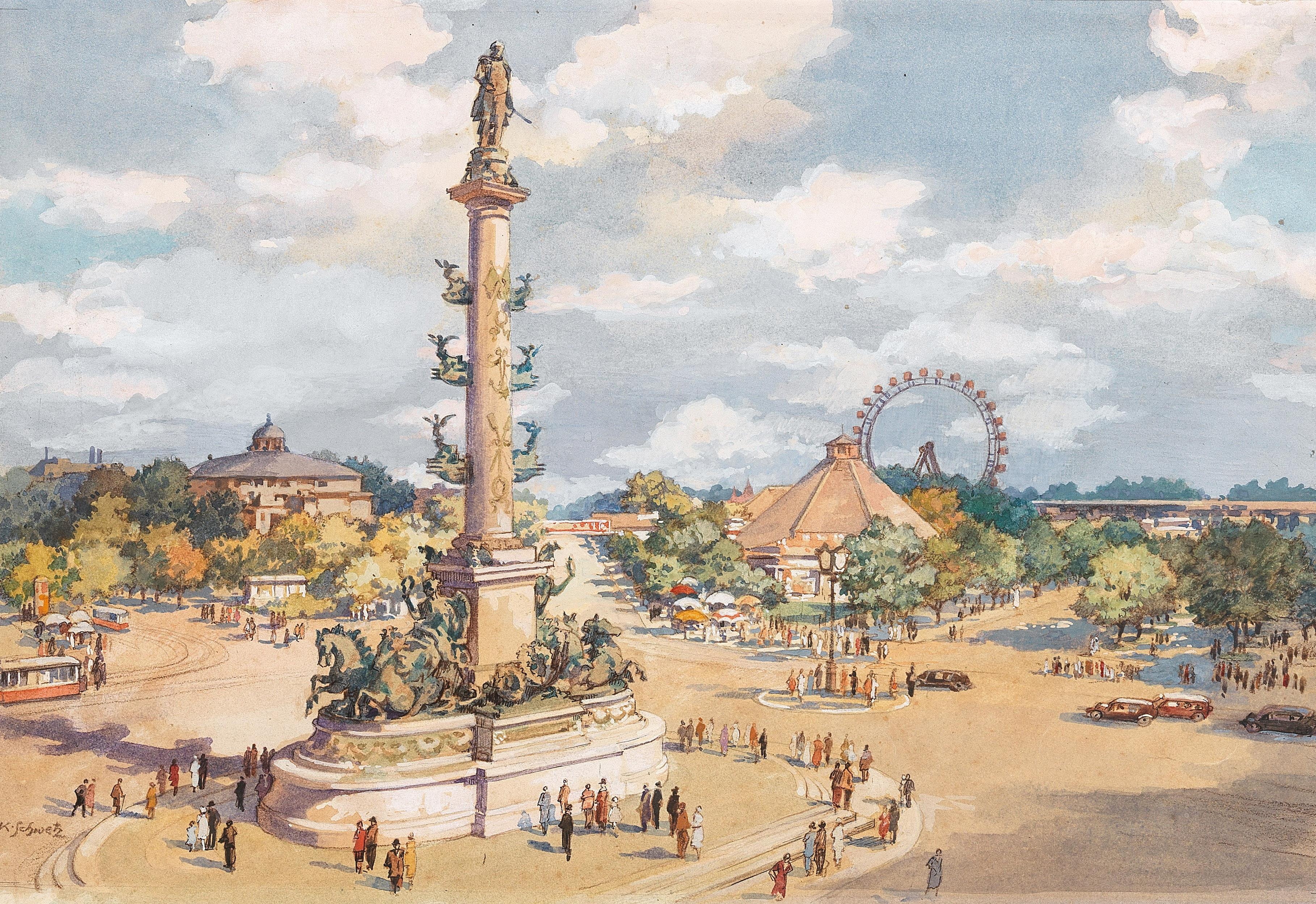Praterstern in Vienna, Tegetthof Monument and Riesenrad in the background by Karl Schwetz - Auction record, sale price, and art valuation. Compare with similar artists and explore comparable artworks.