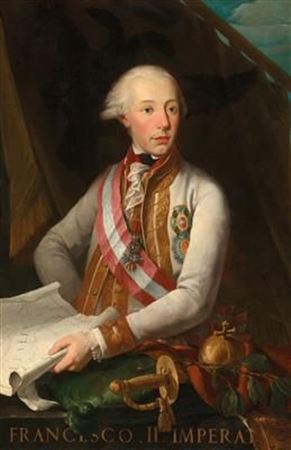 Portrait of Emperor Francis II. (1768–1835) at a young age, wearing the Order of the Golden Fleece, the Order of Maria Theresia and the Hungarian Order of Saint Stephen, holding a map of Italy by Pietro Fancelli - Auction record, sale price, and art valuation. Compare with similar artists and explore comparable artworks.