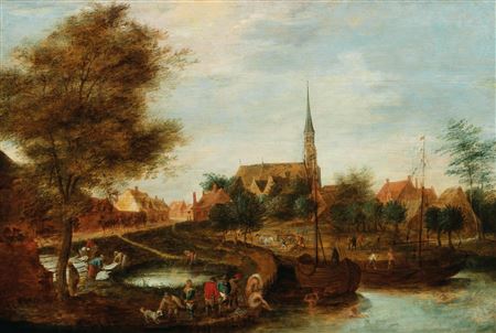Peasants bathing by a village