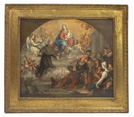 Der heilige Franziskus als Fürsprecher bei der Gottesmutter für eine Pilgergruppe, im Hintergrund Bologna mit den Torri Garisenda und Asinelli