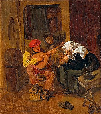 An interior with peasants making music