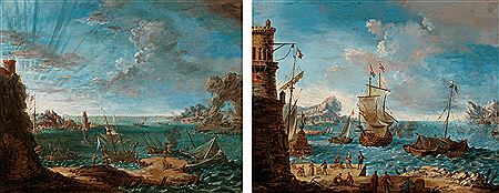 A coastal landscape with figures conversing on a harbour and ships beyond; and A coastal landscape with ships and figures (2)