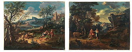 Herdsmen in a rocky landscape; and Shepherds resting with their flock by a river (2)