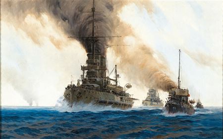 The Imperial and Royal War Fleet at Sea, Battleships VIRIBUS UNITIS and TEGETTHOFF Accompanied by Torpedo Boats