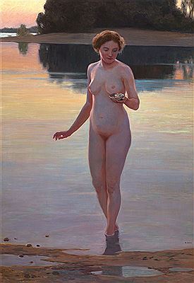 Mädchenakt mit einer Schale den See entsteigend