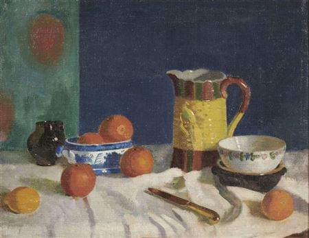Still Life with Ceramic Pots on a White Cloth by James Sinton Sleator - Auction record, sale price, and art valuation. Compare with similar artists and explore comparable artworks.