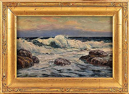 Waves crashing on the shore. by Alfred Addy - Auction record, sale price, and art valuation. Compare with similar artists and explore comparable artworks.