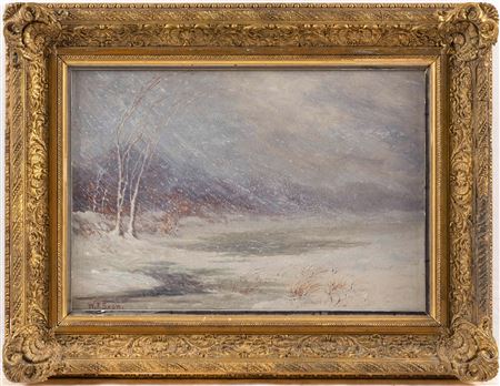 Snow Storm Over A Pond by Warren Francis Snow - Auction record, sale price, and art valuation. Compare with similar artists and explore comparable artworks.