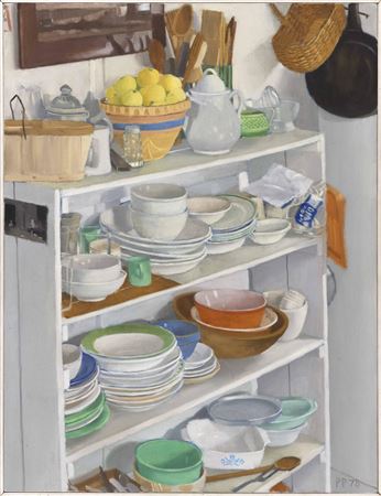 Kitchen interior with dishes filling a shelf by Peter Plamondon - Auction record, sale price, and art valuation. Compare with similar artists and explore comparable artworks.