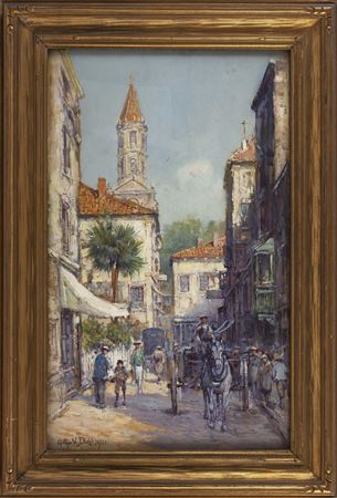 City scene, likely St. George Street in St. Augustine, Florida